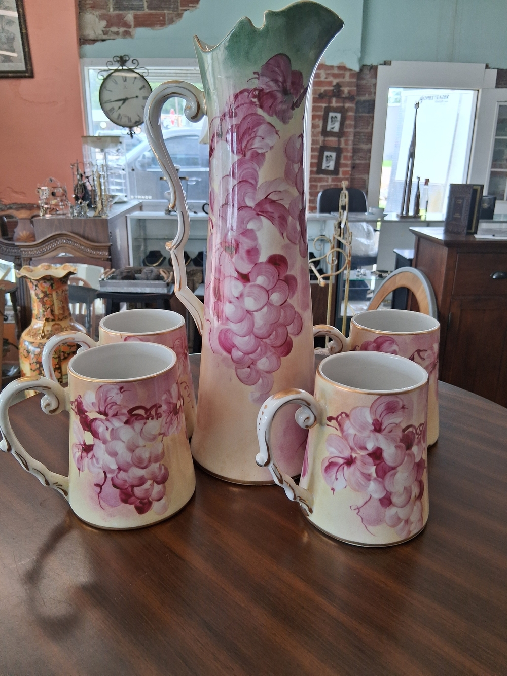 Hand-Painted Floral Pitcher and Mugs Set - Pink & Green, Used.
